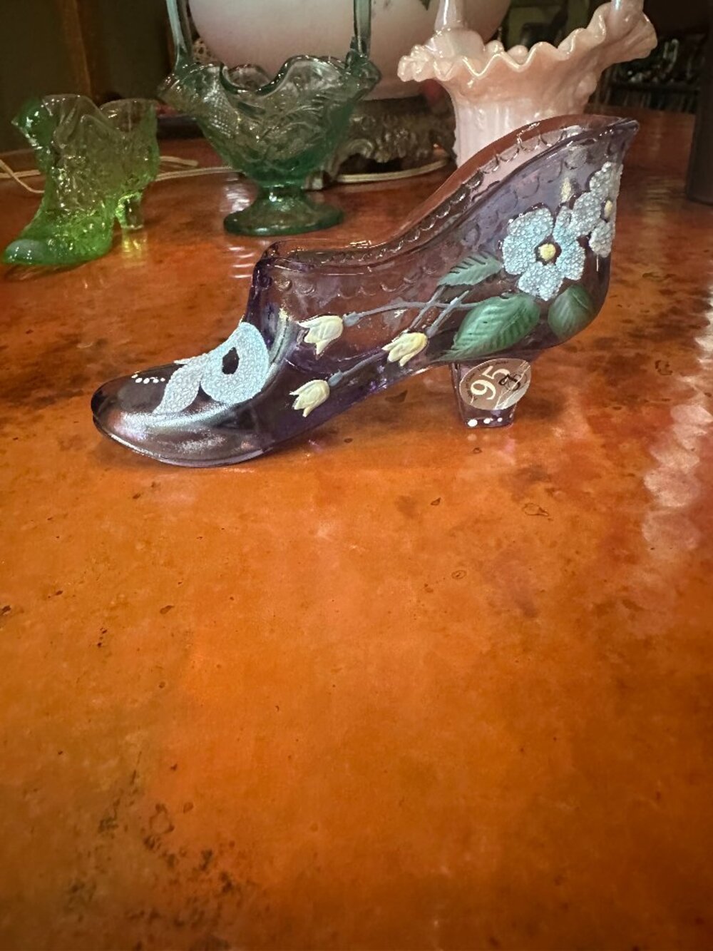 Vintage Fenton Art Glass hand-painted slipper,